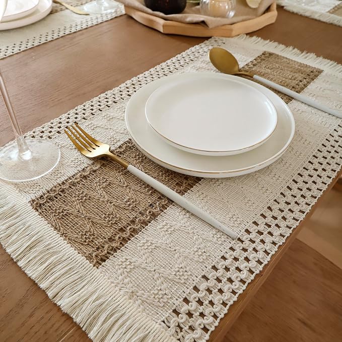 Farmhouse Placemats Set of 4 with Fringe Boho Placemats Macrame Table Decor Woven Placemats in Natural Burlap for Kitchen and Dining Table Centerpiece Home Decorations, Khaki