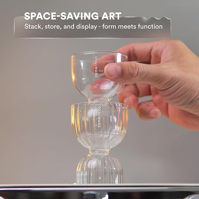 ovalware Espresso Measuring Glass Set of 2 | 30ml/1oz and 60ml/2oz Dual-Dose Stackable Borosilicate Cups | Cool-Touch Thermal Base | Oval Measurement Dots for Consistent Espresso Shots
