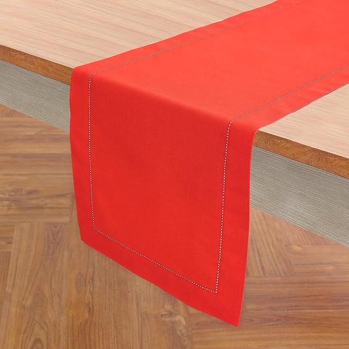 Solino Home Cotton Linen Table Runner 36 Inches - Poppy Red Hemstitch Table Runner 14 x 36 Inch Ideal for Dresser and Coffee Tables, 4th of July