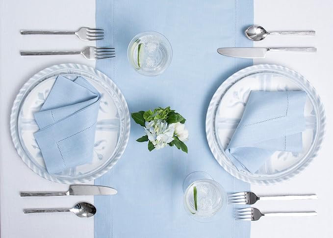 Solino Home Linen Sky Blue Table Runner 132 Inches Long - 100% Pure Linen Extra Long Table Runner 14 x 132 Inch for Summer - Classic Hemstitch