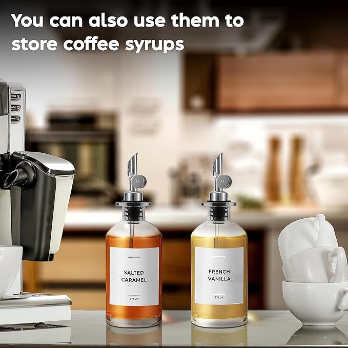 Spaceneat Olive Oil Dispenser Bottle - Includes 55 Kitchen Essential Labels - Cooking Oil Bottles for Kitchen, Coffee Syrup Dispenser - Pourer Spout with 11.8 fl oz Glass Container Cruet - 4pcs Silver