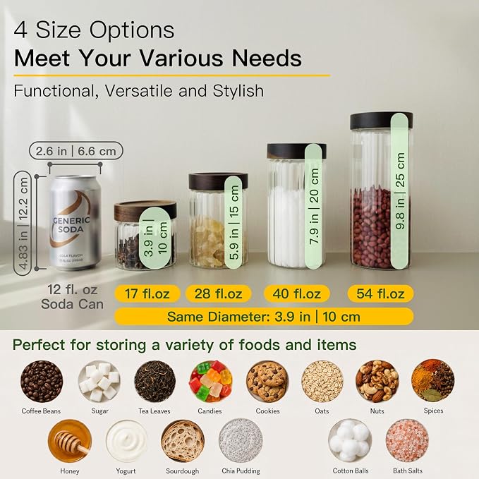 3-pack 17+28+54 oz Borosilicate Glass Food Storage Jars with Airtight Screw Top Wooden Lids, Leak-Proof Decorative Kitchen Pantry Canister, Coffee Sugar Tea Spices, Overnight Oats, Meal Prep