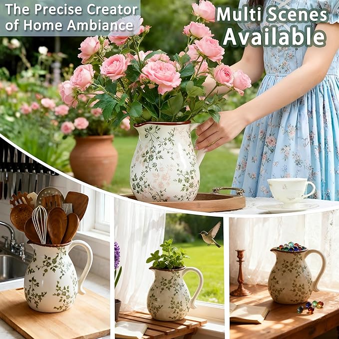 Ceramic Utensil Holder for Kitchen Counter, 6.1 Inch Vintage Farmhouse Rustic Cooking Utensil Holder, Modern Home Decor Countertop Organizer Crock for Flower Pot, Spoons & Kitchen Tools
