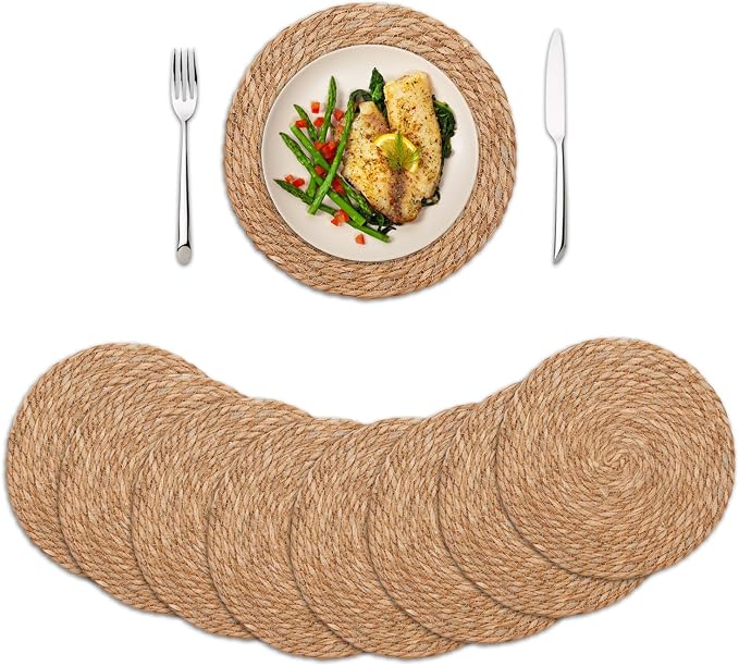 Round Woven Placemats Set of 8, 13 Inch Boho Farmhouse Rattan Placemats Rustic Braided Wicker Table Place Mats Chargers for Dinner Plates
