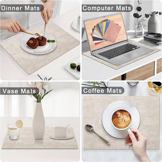 Homaxy Faux Leather Heat Resistant Placemats for Dining Table Set of 8, Waterproof Wipeable Washable PU Table Mats, Easy to Clean Anti-Slip Place Mats, 11.8" x 17", Beige