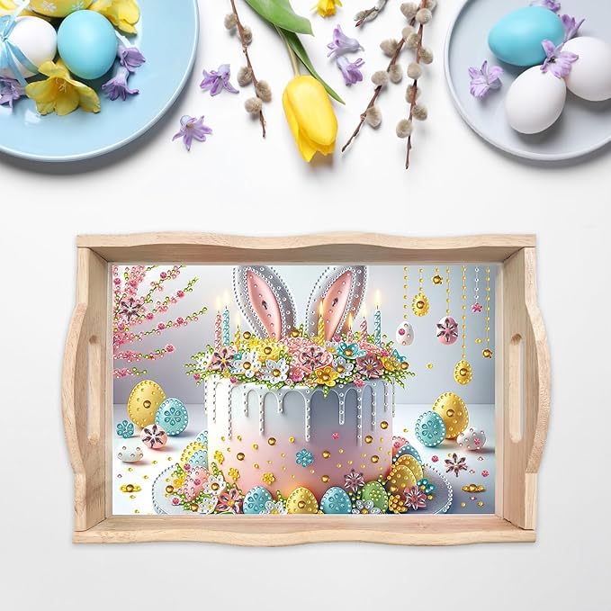 BAYUNOE DIY Diamond Serving Tray Rectangular Breakfast Tray with Handle Handmade Diamond Art Painting Wooden Tray Spring Creative Dinner Plate Coffee Room Living Home Organizer-Easter Cake