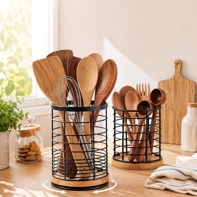 Domensi 360° Rotating Kitchen Utensil Holder Set of 2, Large & Small Bamboo Metal Utensil Crock for Countertop, Kitchen Organizer for Spatula, Spoon & Cooking Tools, Stable Base, 7.2" & 5.9"