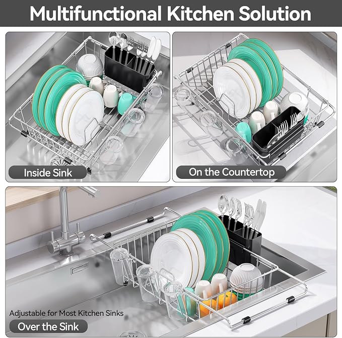 Urackify Dish Drying Rack in Sink, 304 Stainless Steel Expandable (15.35"-23.23"L) Over the Sink Dish Rack with Utensil Holder for Compact Kitchen, Space - Saving Dish Drainer for Inside Sink, Silver