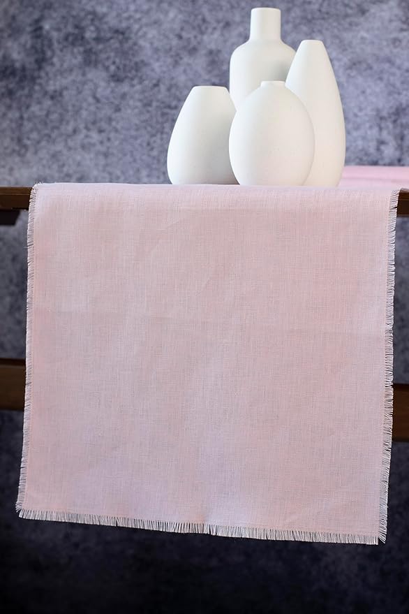 Pink Linen Table Runner with Fringe- 14x90 inches Long, 100% Pure Linen Runner for Table, Table Runner for Valentines Day, Spring and Summer –Thin but Luxury, Handmade