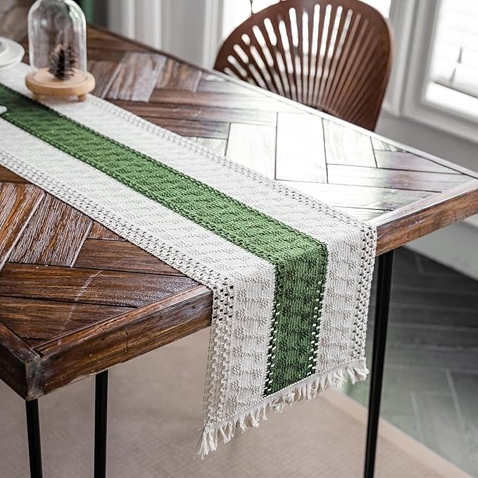 Macrame Table Runner Cream Beige and Green Boho Table Runners with Tassels Hand Woven Cotton Table Runner Rustic Farmhouse Table Runners for Bohemian Kitchen Dining Table(12x36in)