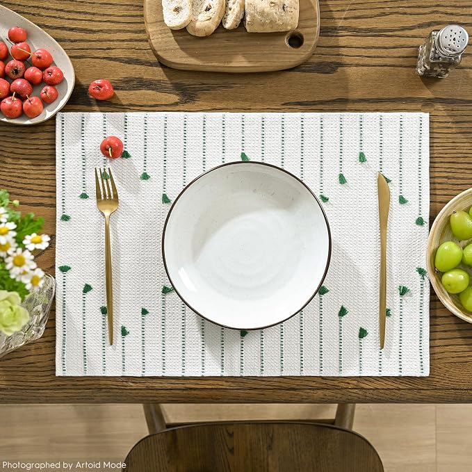 Artoid Mode Dark Green Farmhouse Woven Rustic Placemats Set of 4,12x18 Seasonal Holiday Macrame Burlap Kitchen Dining Table Decoration for Home Party Decor