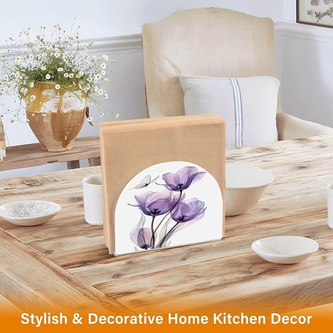 Purple Tulips Flowers Butterfly Napkin Holder for Tables Paper Cocktail Napkin Holders for Kitchen and Dinning, Acrylic Dinner Napkin Dispenser for Restaurant Home Decor Bar Accessories 1 Pack