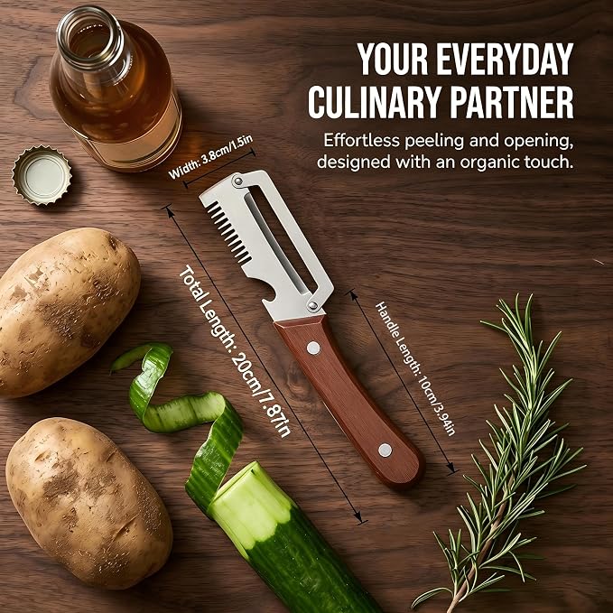 Multifunctional Vegetable Peeler - Vegetable Peeler with Bottle Opener, Stainless Steel Peeler with Wooden Handle, Fruit Peeler for Kitchen, Camping, Travel 2PC