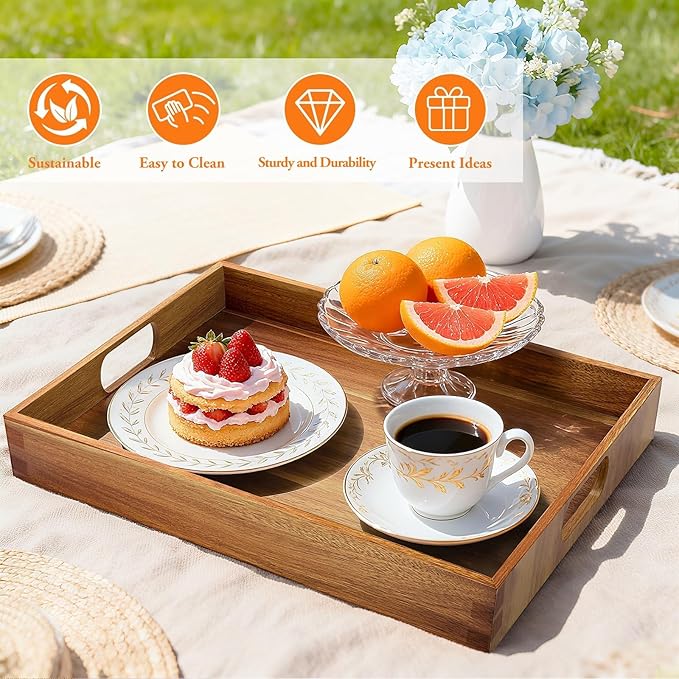 Serving Trays - 2 Pack, Acacia Wood Serving Platters with Ergonomic Handles, Versatile Rustic Decorative Trays for Breakfast, Brunch, Dinner, Coffee Table, Party, Kitchen-L