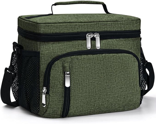 Insulated Lunch Bag for Men & Women, 9L Leakproof Lunch Box Soft Cooler Tote with 5 Pockets, 600D Oxford, EVA Lining, Adjustable Strap for Work, Picnic, Beach&Travel-Green