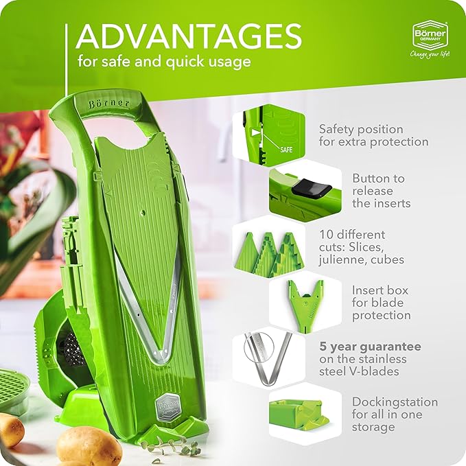 Börner Mandoline Slicer V5 (Professional Set) • Adjustable Vegetable Slicer (7-piece) • 10 Cutting Styles • Kitchen Slicer incl. Docking Station • Stainless Steel V-Blade • Color: Green