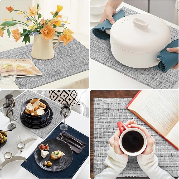 Niviy Grey Placemats Set of 6, 12x18 Inch Washable Easy to Clean Heat-Resistant Anti-Skid Grey Placemats for Holiday Party Kitchen Dining Room Decoration