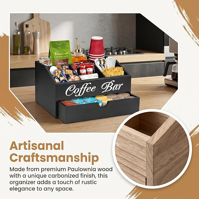 Coffee Station Organizer - Double Layer with Drawers, Country Style Coffee Bar Organizer, Farmhouse Coffee Capsule Storage Basket, Natural Solid Wood Material(Black Double Layer)