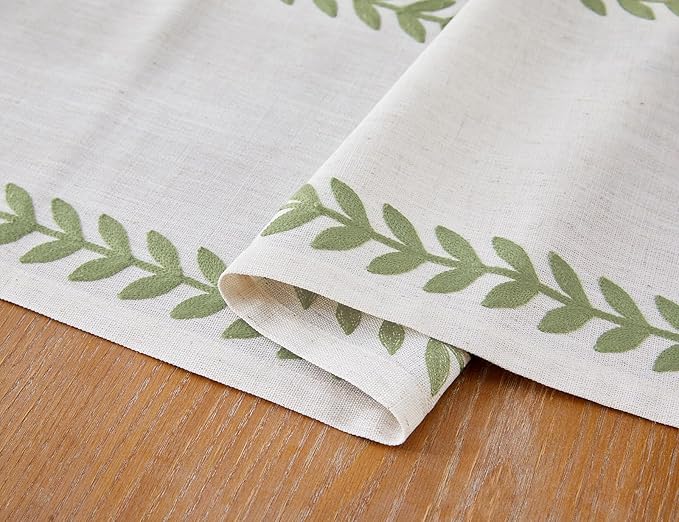 Wracra Embroidered Table Runner Irregular Willow Leaf Table Runners 90 Inches Long for Dresser Home Dining Table Decor,14 x 90 Inch, Light Sage Green