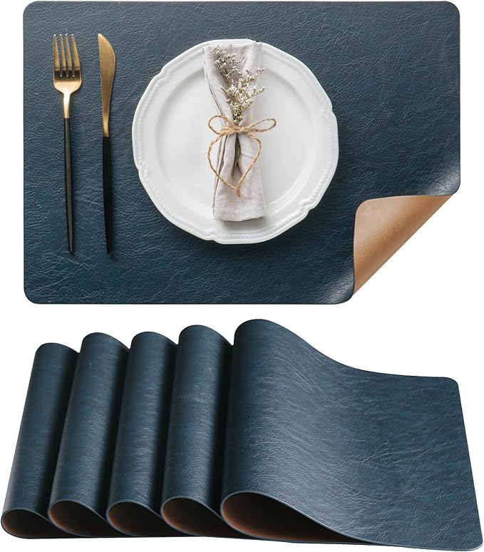 Placemats Set of 6, DOLOPL Reversible Dual-Color Faux Leather Place Mats 17"x11.8"– Waterproof, Heat Resistant, Washable & Wipeable, Luxury Retro Style for Kitchen, Dining Table (Camel/Navy Blue)