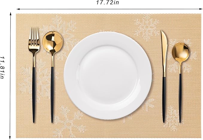 CADONO Placemats Set of 6 Washable Indoor/Outdoor Vinyl Place Mats for Dining Table Durable Non-Slip Heat Resistant PVC Weave Table Mats（Christmas Snow-Gold）