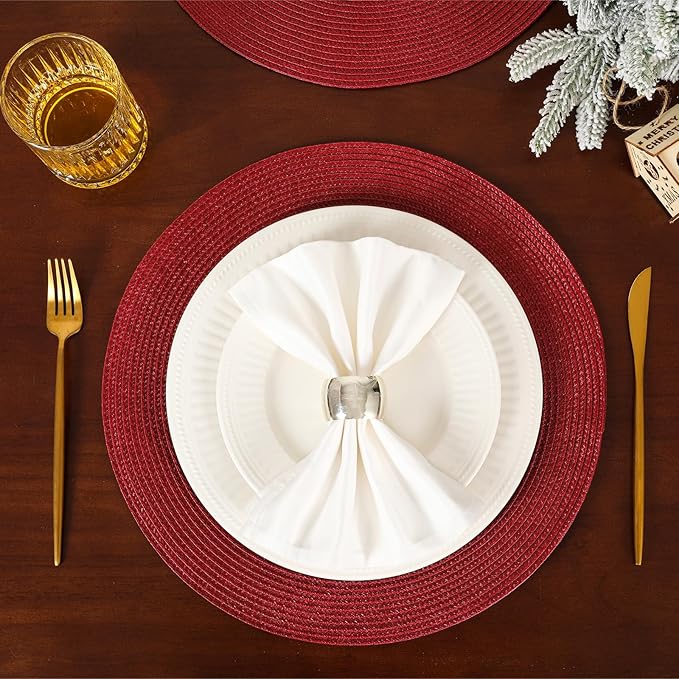 HODJOY Placemats Set of 6, Round Woven Table Mats for Dining Table, Washable Non-Slip Placemats for Christmas, 15inches (Dark Red)