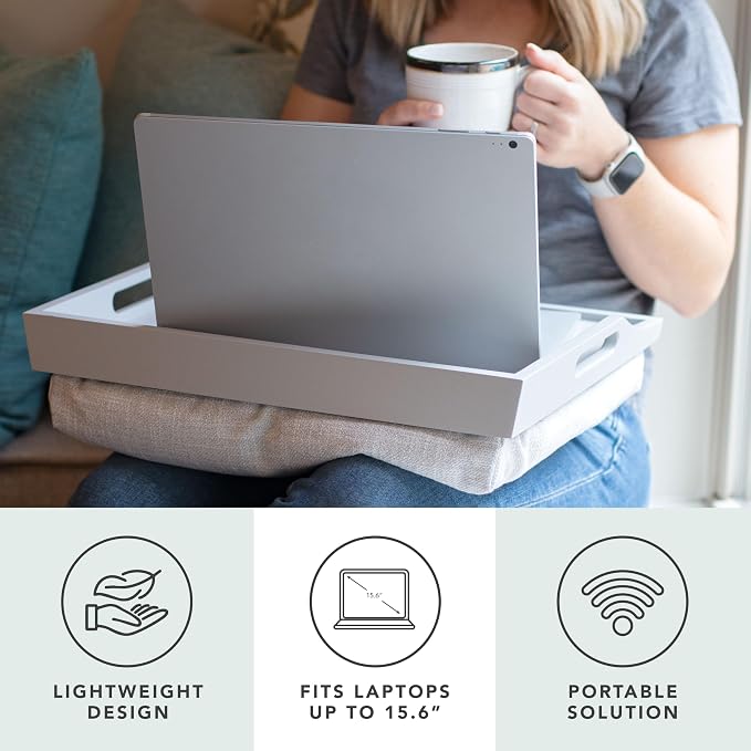 ROSSIE HOME Wood Bed Tray Lap Desk - Set of Two - with Hyacinth Storage Basket - Calming Gray - Fits up to 15.6 Inch Laptops - Style No. 70105