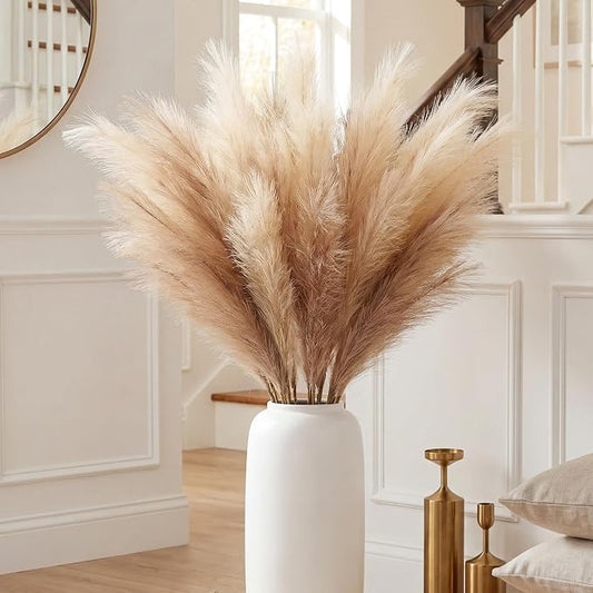 ZIFTY 84-Piece Faux Pampas Grass Decor (7 Hand-Bundled Packs of 12), 38" Tall No Assembly Seamless Fluffy Artificial Flower, Dark to Light Ombre Beige Mixed Reed for Floor Vase, Farmhouse Wedding