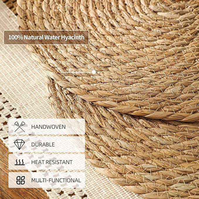 Round Woven Placemats Set of 4, 13.5'' Boho Rattan Chargers for Dinner Plates, Rustic Wicker Place Mats, Straw Braided Table Placemats, for Dining Table Decor, Wedding, Farmhouse and Outdoor