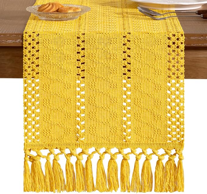 Socomi Boho Table Runner Summer Farmhouse Rustic Dining Kitchen Centerpiece Decor Small Macrame Woven Cotton Linen Coffee Table Runner for Dresser Scarf Home Decor 12x60 in Yellow Gold