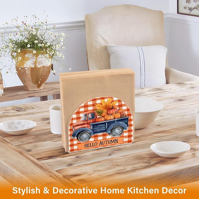 Napkin Holder Acrylic Cocktail Napkin Holder for Table Kitchen Party Restaurant Bar U Shaped Upright Napkin Dispenser Organizer Fall Truck Pumpkins Maple Leaves