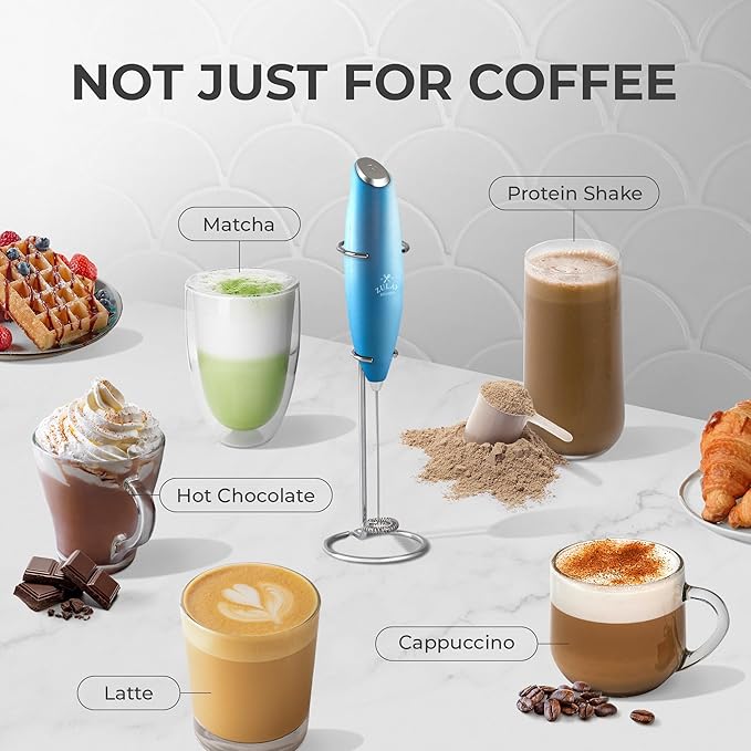 Zulay Kitchen Powerful Milk Frother Wand With Duracell Batteries - Ultra Fast Handheld Drink Mixer - Electric Whisk Foam Maker for Coffee, Lattes, Cappuccino & Matcha - Z1 Motor - Metal Blue