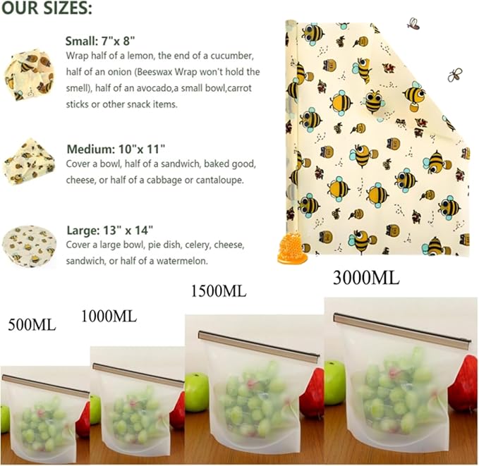 Reusable Silicone Food Storage Bags & Beeswax Wraps Set (7-Piece) | Airtight Leakproof, Freezer Dishwasher Microwave Safe | Eco Friendly Zero Waste Food Storage Containers for Meal Prep, Snack