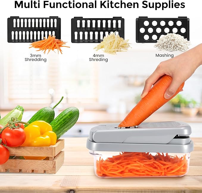 Vegetable Chopper,12-in-1 Multifunctional Food Chopper,Professional Onion Chopper with 7 Blades,Vegetable Cutter with Container for Salad,Potato,Carrot,and Garlic Essential Kitchen Tool (Silver black)