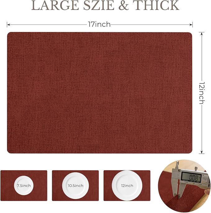 Romanstile Vinyl Placemats Set of 6-12 X 17 Inch - Faux Leather 100% Waterproof Wipeable Anti Slip Place Mats, Heat Resistant Reversible PU Table Mats for Kitchen Dining Party Outdoor, Red