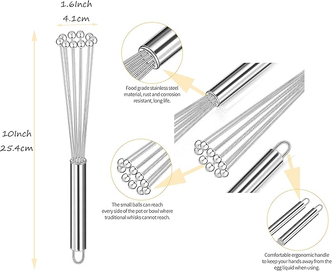 1 Pieces Wand Whisk, Mini Ball Whisk,Newness Durable Environmentally Friendly 304 Stainless Steel Ball Whisk Beater Egg Beater Manual Mixer Whisk Cooking Blender for Sauces,Eggs,Cream (12 In / 30.4cm)