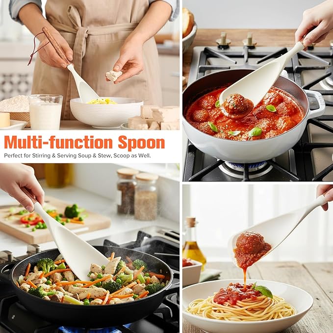 Silicone Utensils Set of 7 with Wooden Handle for Cooking&Baking,No Scratch for Nonstick Cookware,Spatula Spoon,Soup Ladle,Basting Brush,Baking Bowl Scraper,Skimmer,Slotted Spatula,BPA Free (White)