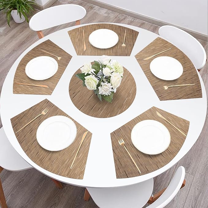 SHACOS Small Round Table Placemats Set of 5 Woven Vinyl Wedge Placemats with Centerpiece Round Table Mats Heat Resistant Wipe Clean (5, Tan)