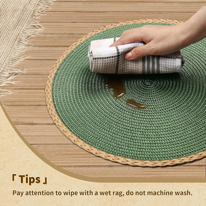Noctiflorous Braided Round Placemats Set of 8, 15 Inch Woven Table Mats, Non-Slip Washable Thin Edge Place Mats for Kitchen Dining Table Decor (Green, 8)