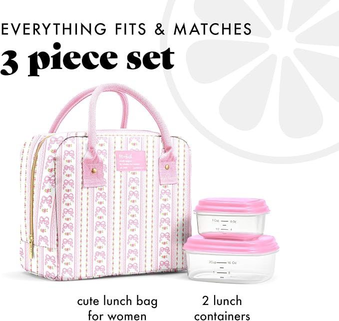 Fit & Fresh Bloomington Lunch Bag for Women - Insulated Large Lunch Box for Work with Containers, Leak-Resistant, Stain-Resistant, Zipper Closure, Pink Wallpaper Bows