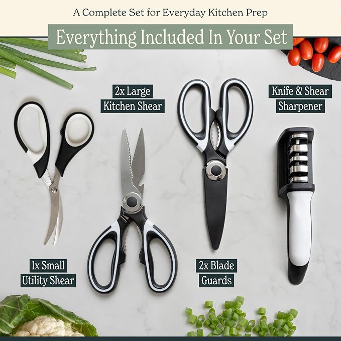 Heavy Duty Kitchen Shears With Sharpener - Lifetime Replacement Warranty* - Multipurpose Stainless Steel Scissors for Food - Sharp Food-Grade Kitchen Scissor for Meat, Seafood, Poultry - 4 Piece Set
