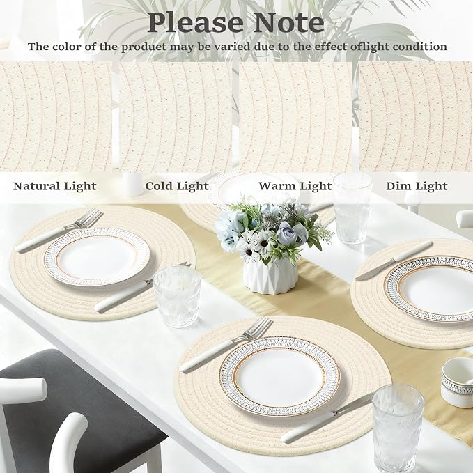 Round Placemats Set of 6, Cotton Rope Woven Table Mats, Hot Pads for Kitchen, Non Slip Heat Resistant Place Mats, 13 Inches Braided Placemat for Farmhouse Decor and Kitchen Table Decor (Cream)