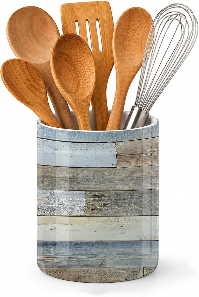 Rustic Wood Grain Kitchen Utensil Holder,Vintage Barn Wooden Ceramic Utensil Crock for Countertop,Cooking Tools Storage jar for Spatulas and Spoons,Housewarming Gifts 6.3"