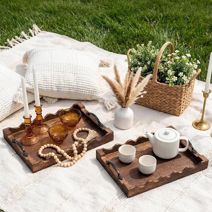 4 Pcs Rustic Wood Scalloped Serving Tray Wood Decorative Serving Tray with Handle Rustic Rectangular Platter 13 x 9.5 for Farmhouse Ottoman Breakfast Coffee Table Home Kitchen Decor(Brown)