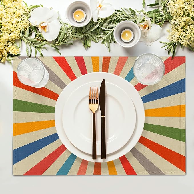 Colorful Boho Placemats Set of 4 Rustic Retro Rainbow 70s Sun Linen Washable Kitchen Dining Table Mats Stain Heat-Resistant Desktop Decor Place Mats for Home Party Indoor 12x18 in