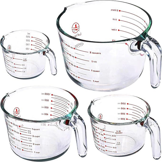 Le’raze Glass Measuring Cups Set of 4 – Heat-Resistant, Easy-Read Measurements, Ergonomic Handle & Pour Spout, Dishwasher Safe, Kitchen Bakeware Liquid Batter Mixing Bowls (1 cup, 2 cup, 4 cup, 8 Cup)