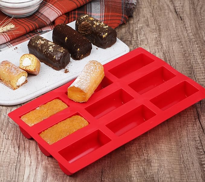 Webake Twinkie Pan Silicone Mini Log Cake Mold For 3D Cylinder Mousse, DIY Pudding Cake Molds Oblong 9 Cavity (Red)