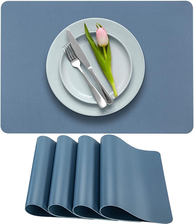 More Décor Faux Leather Placemats Set of 4 for Dining Table – Waterproof, Wipeable, Washable, Stain & Heat Resistant, Non-Slip Table Mats – 12 X 17 Inch, (Solid Blue, 4)