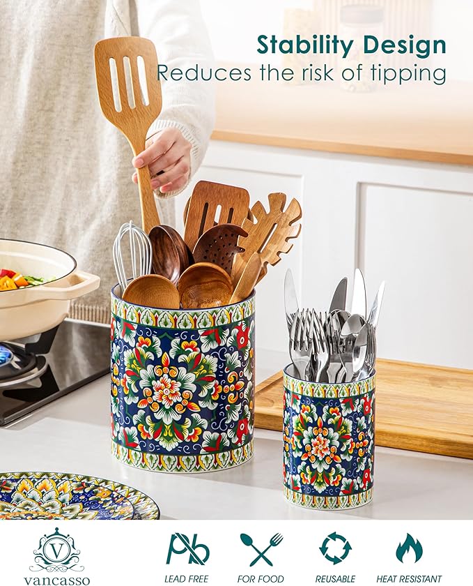 vancasso SIMI Utensil Holder, 7.3"+5.5" Porcelain Kitchen Utensil Holder for Countertop, Bohemian Kitchen Utensil Organizer for Spatulas, Spoons, Decorative Counter Utensil Crock, Verdant Jewel