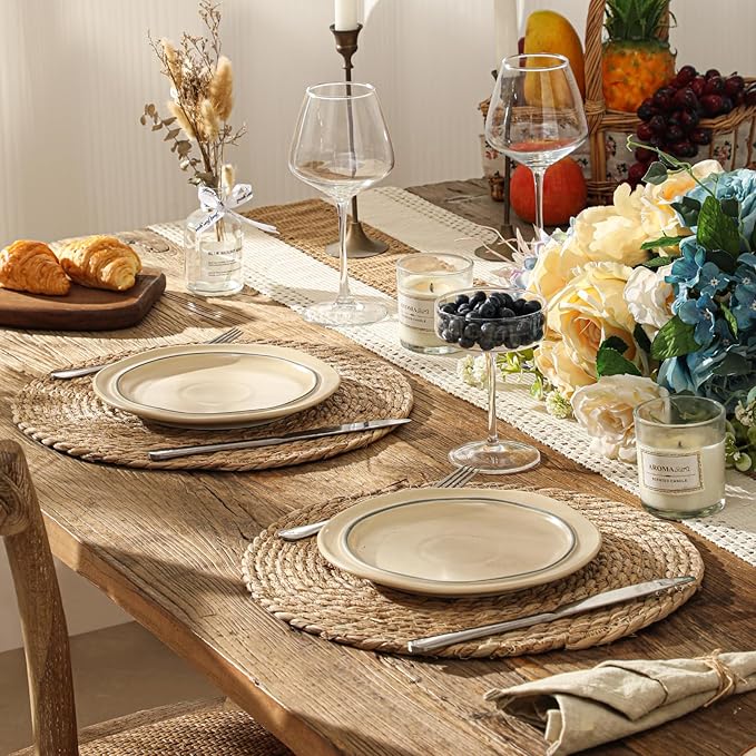Round Woven Placemats Set of 8, 13.5'' Boho Rattan Chargers for Dinner Plates, Rustic Wicker Place Mats, Straw Braided Table Placemats, for Dining Table Decor, Wedding, Farmhouse and Home Décor